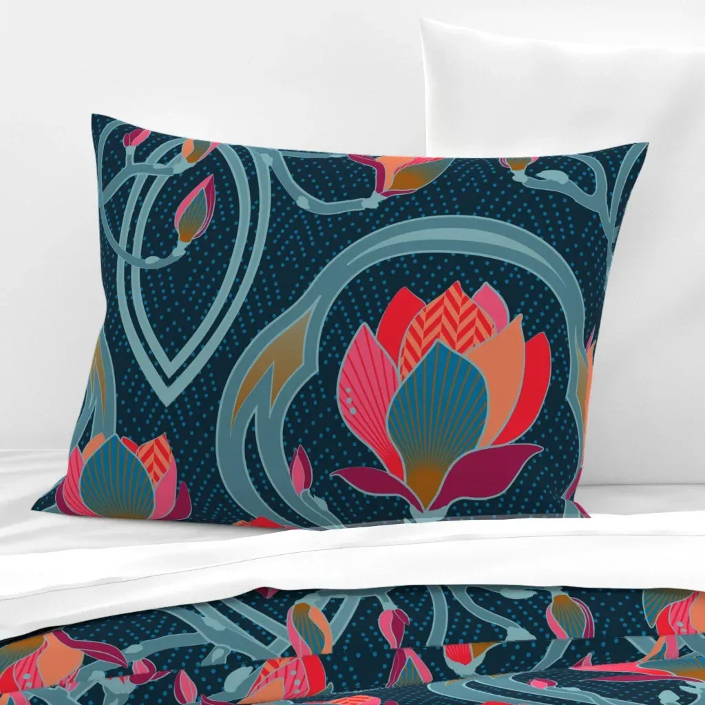 Magnolia Art Nouveau Standard Knife Edge Pillow - Red Pink, Cotton Sateen product