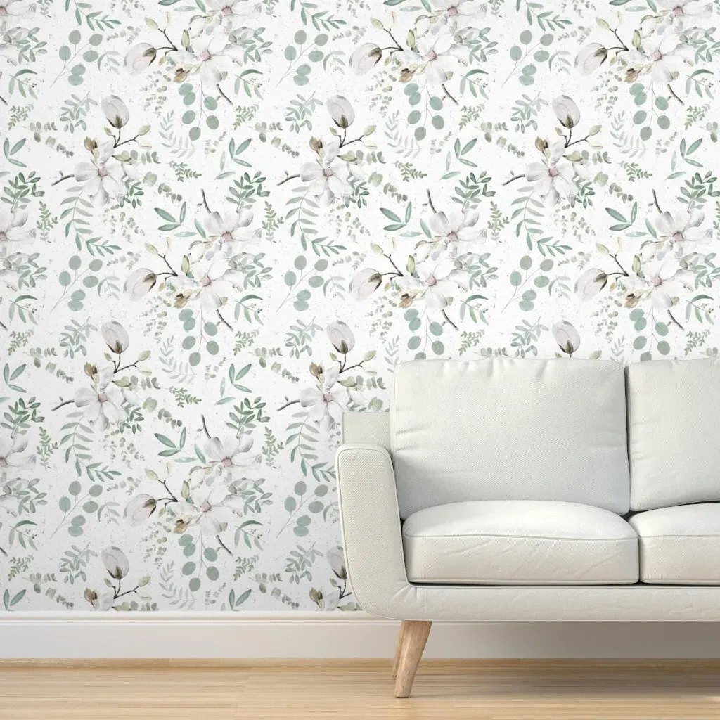 Magnolia Eucalyptus Peel and Stick Wallpaper - White, Watercolor product