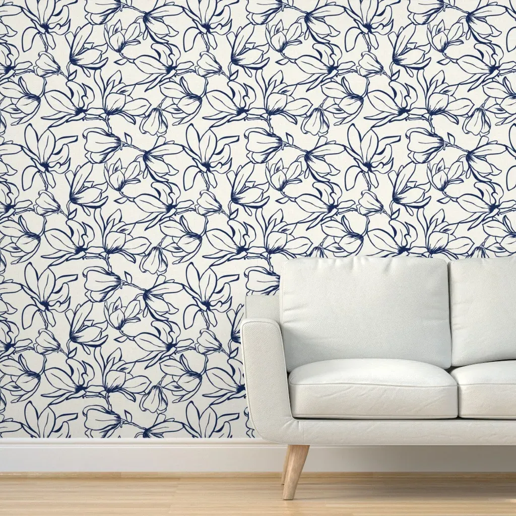 Magnolia Floral Line Drawing Peel and Stick Wallpaper - Navy Blue product