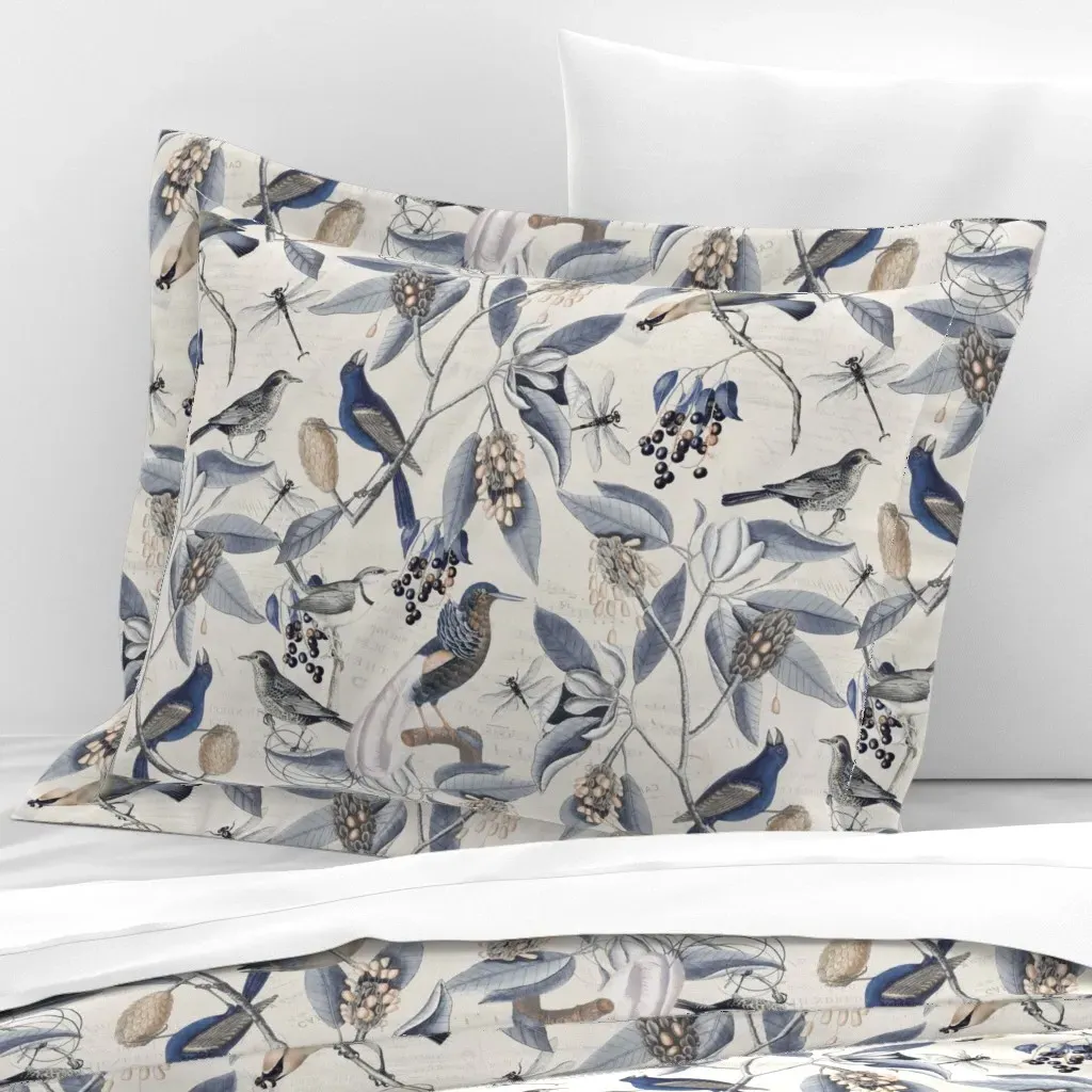 Magnolia Flowers & Birds Standard Flanged Cushion - Blue-Gray, Cotton Sateen product