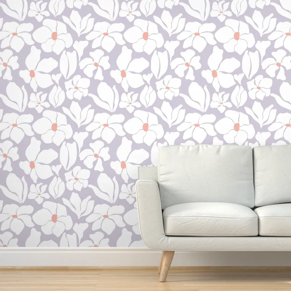Magnolia Flowers Matisse Inspired Peel and Stick Wallpaper - Light Lilac, White product