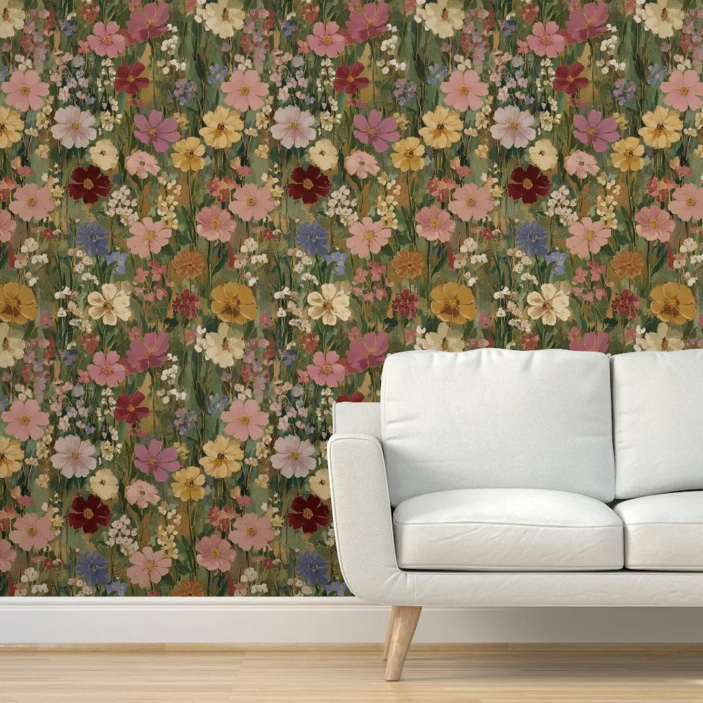 Maine Summer Meadow Wildflowers Peel and Stick Wallpaper - Mauve Green product