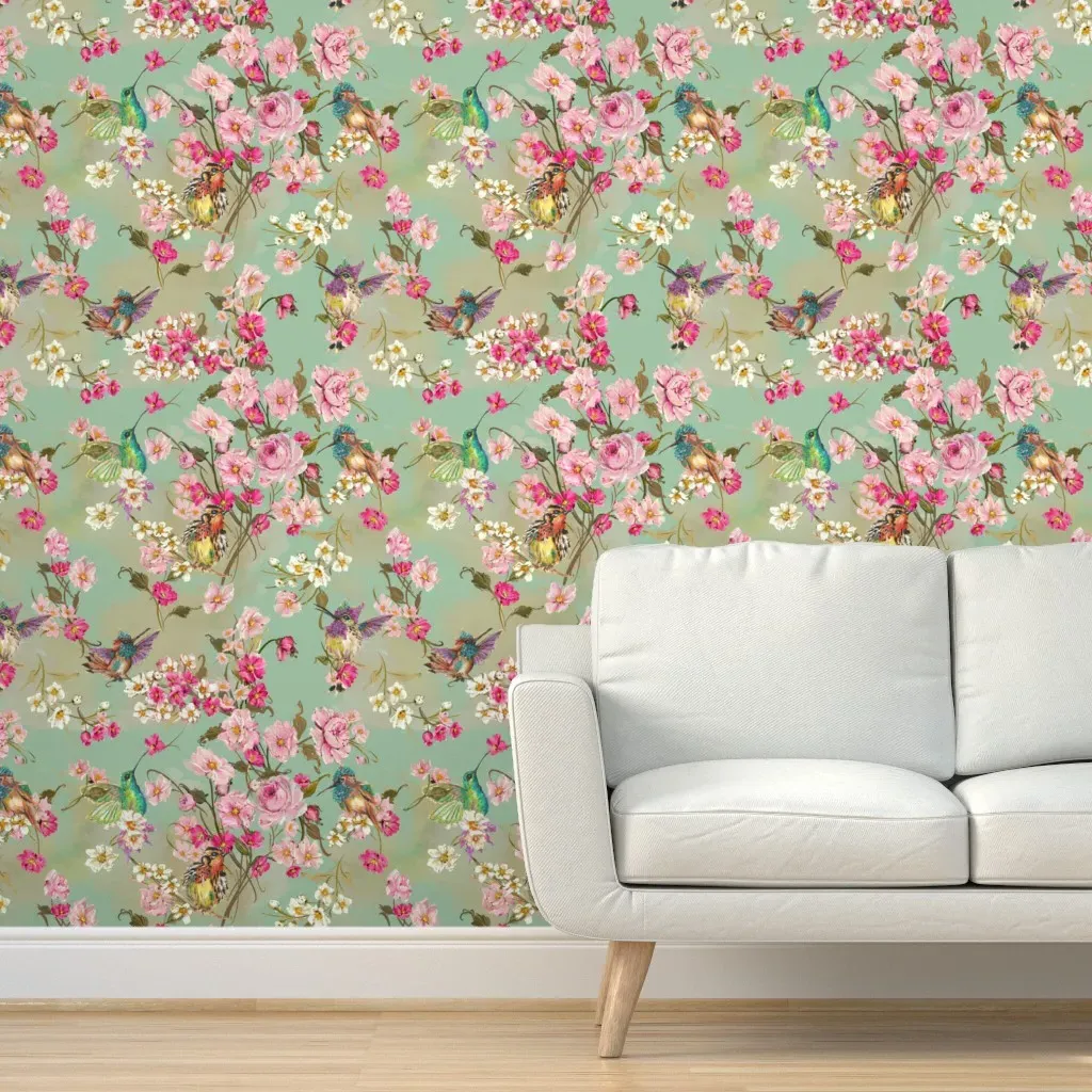 Majestic Hummingbird Floral Paradise Peel and Stick Wallpaper - Mint product