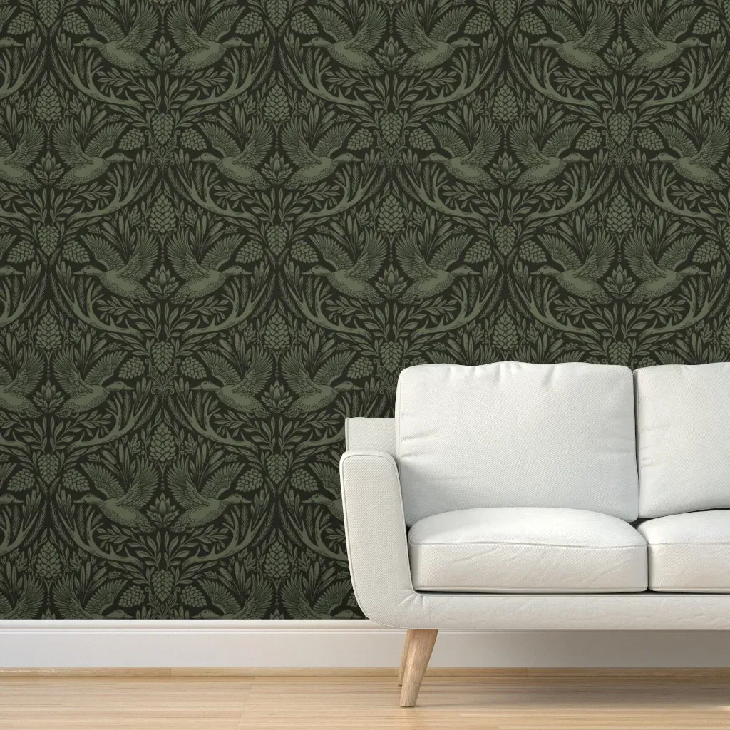 Mallard Duck Damask Peel and Stick Wallpaper - Dark Olive Green product