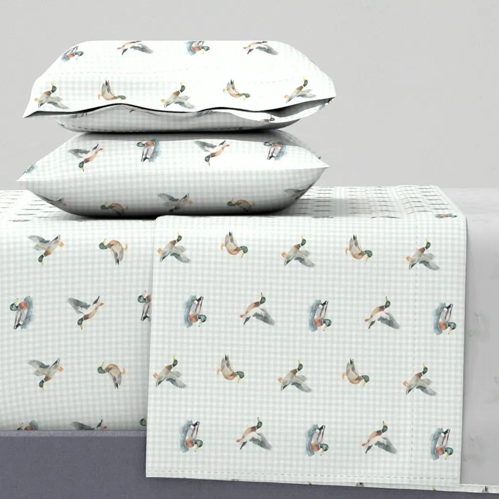 Mallard Ducks On Sage Gingham Queen Sheet Set - Light Green product