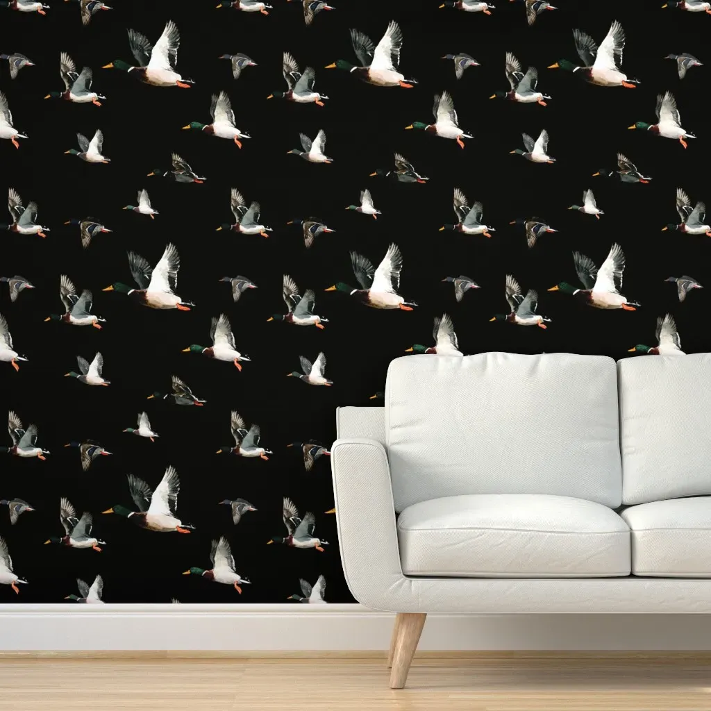 Mallards In Flight Peel and Stick Wallpaper - Green, Black product