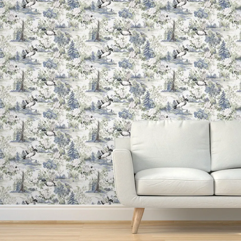 Mallards In The Meadow Peel and Stick Wallpaper - Sage/Blue, White product