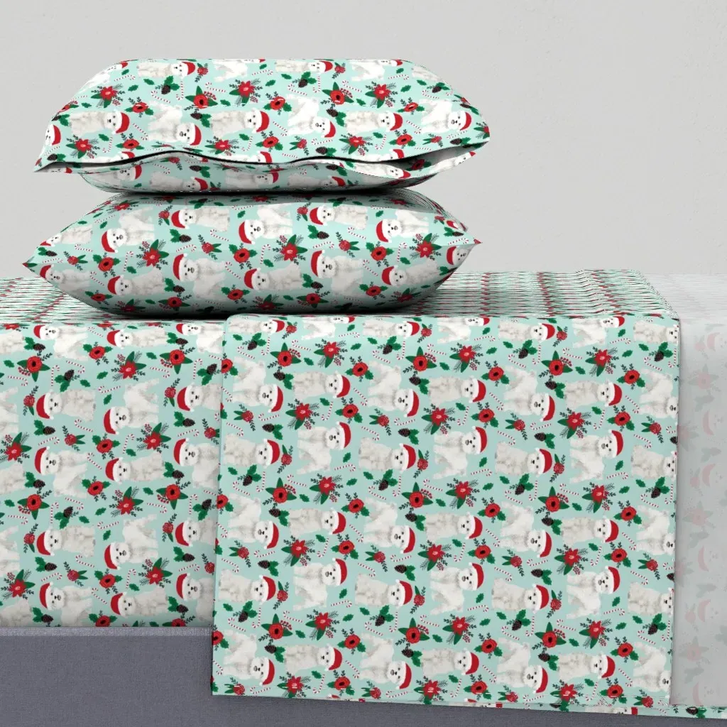 Maltese Christmas Poinsettia Queen Sheet Set - White product
