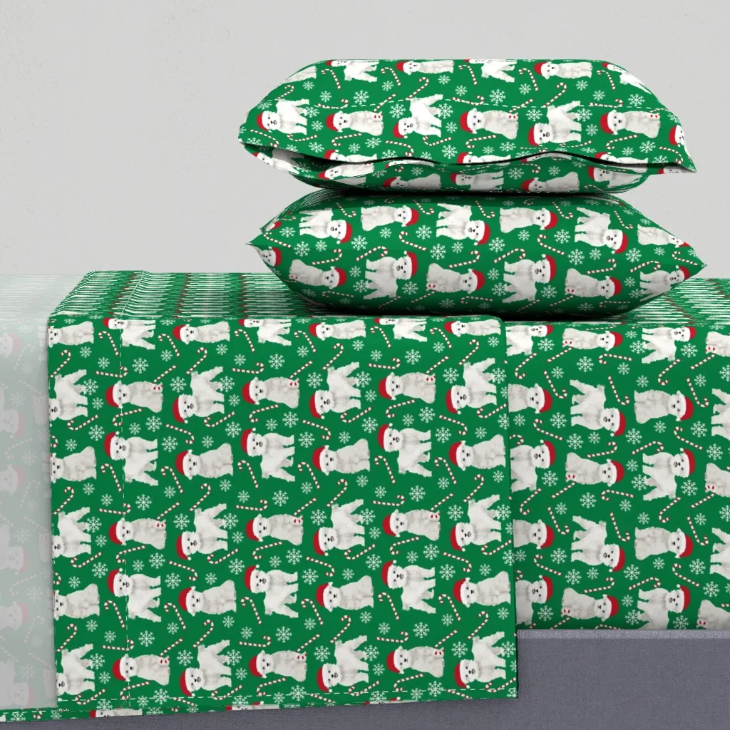Maltese Dogs Snowflakes Peppermint Twin Sheet Set - White product
