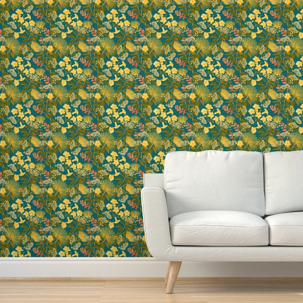 Mamo Ohia Lehua Puakenikeni Peel and Stick Wallpaper - Teal product