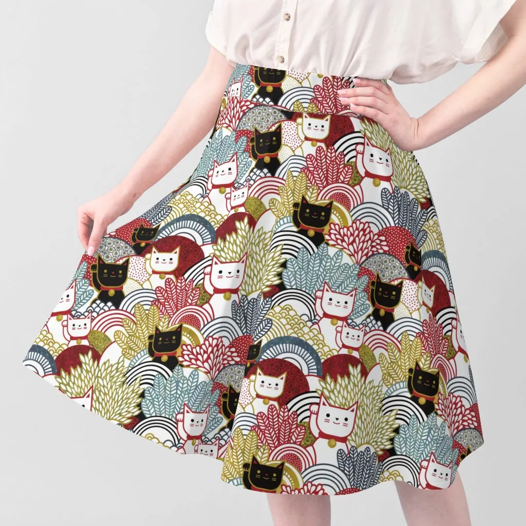 Maneki Neko Lucky Cat Print Fabric Yardage - Red, Blue, Beige alternate view
