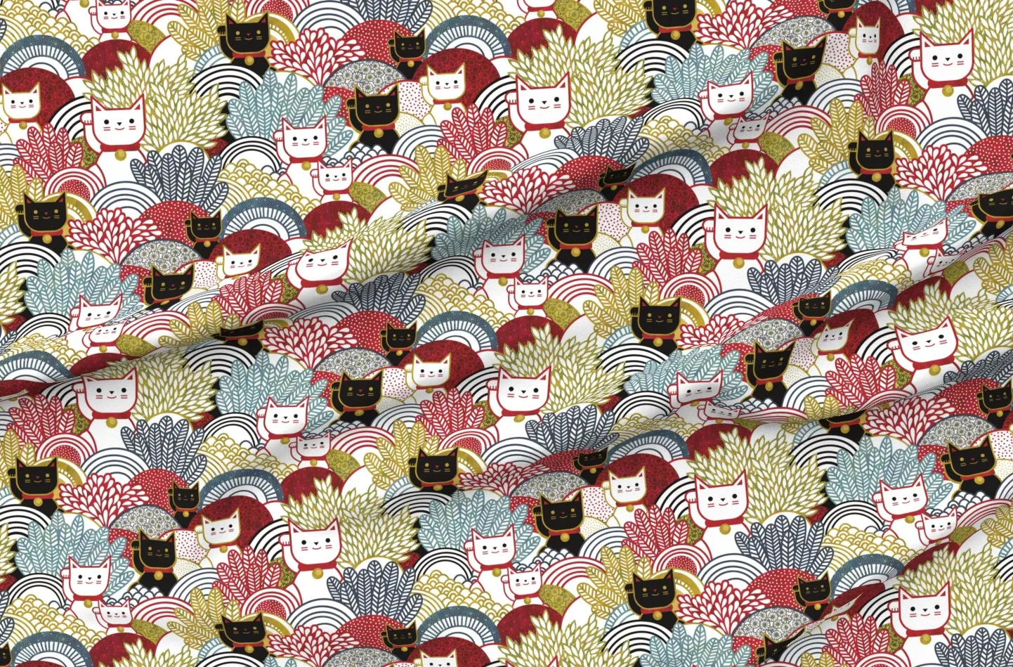 Maneki Neko Lucky Cat Print Fabric Yardage - Red, Blue, Beige product