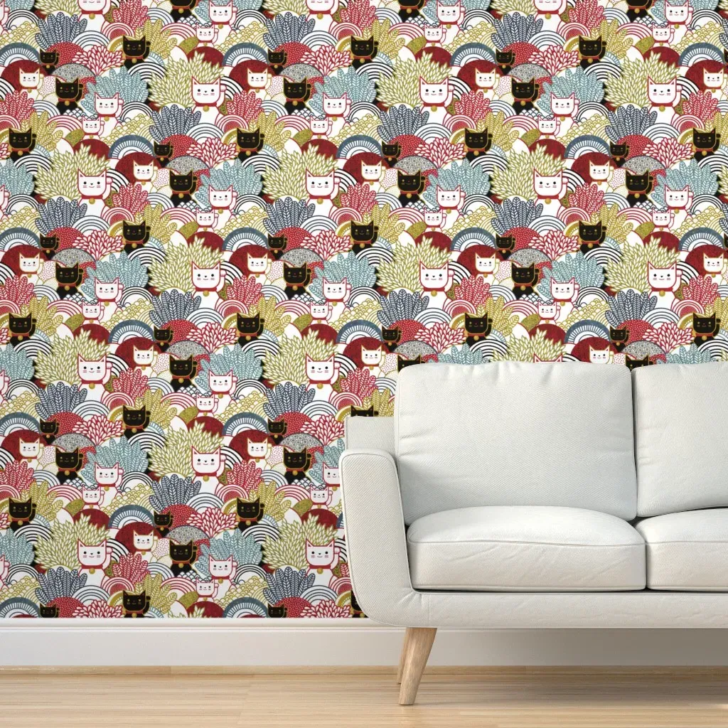 Maneki Neko Lucky Cats Garden Peel and Stick Wallpaper - Red, Blue, Beige product
