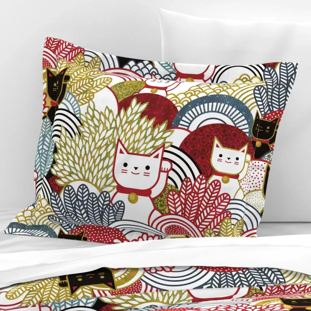 Manekineko Lucky Cat Japanese Print Standard Pillow - White, Cotton Sateen product