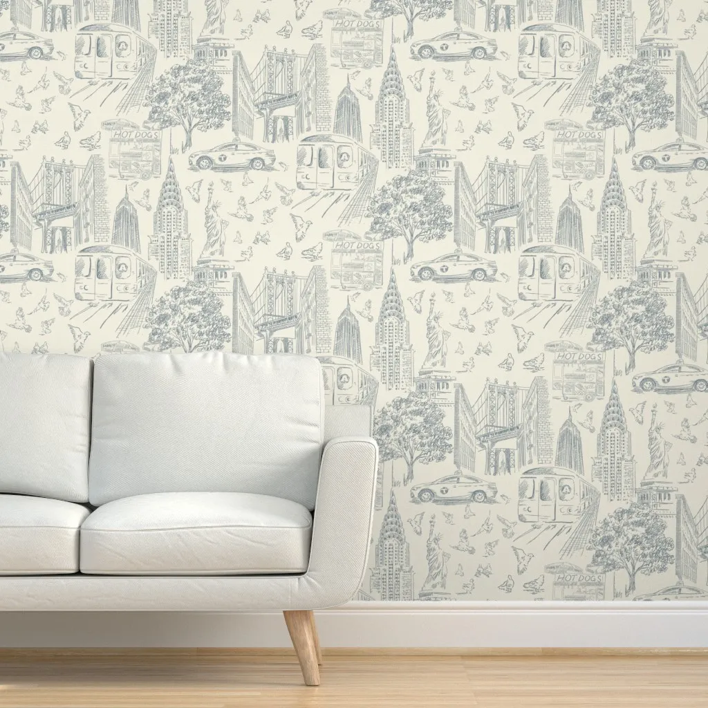Manhattan NYC Toile Urban Sketch Peel and Stick Wallpaper - Blue, Cream product