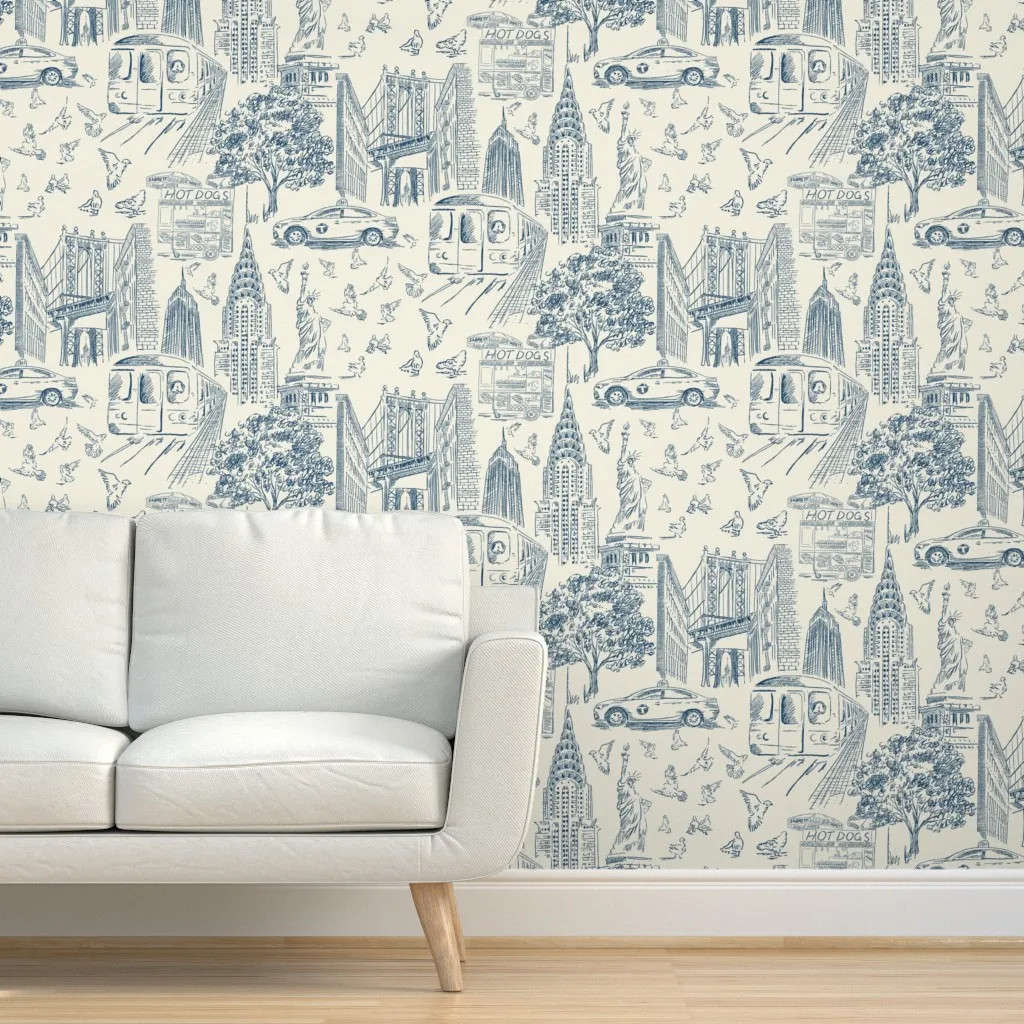 Manhattan NYC Toile Urban Sketch Peel and Stick Wallpaper - Navy Blue product