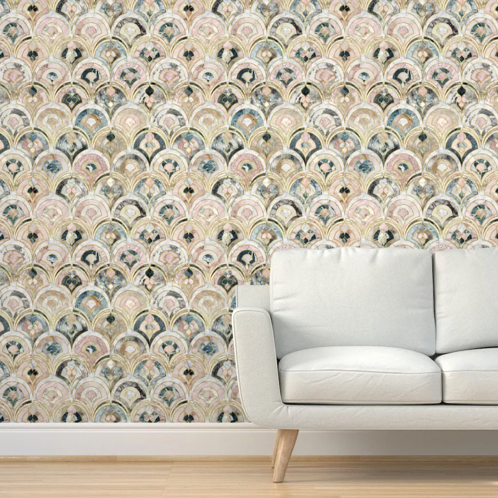 Marble Art Deco Tiles Peel and Stick Wallpaper - Gold, Pink product