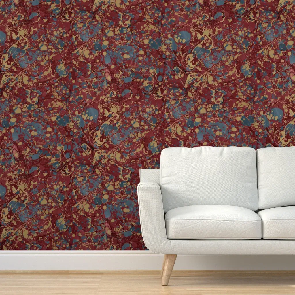 Marbled Indian Red Blues Gold Peel and Stick Wallpaper - Burgundy product