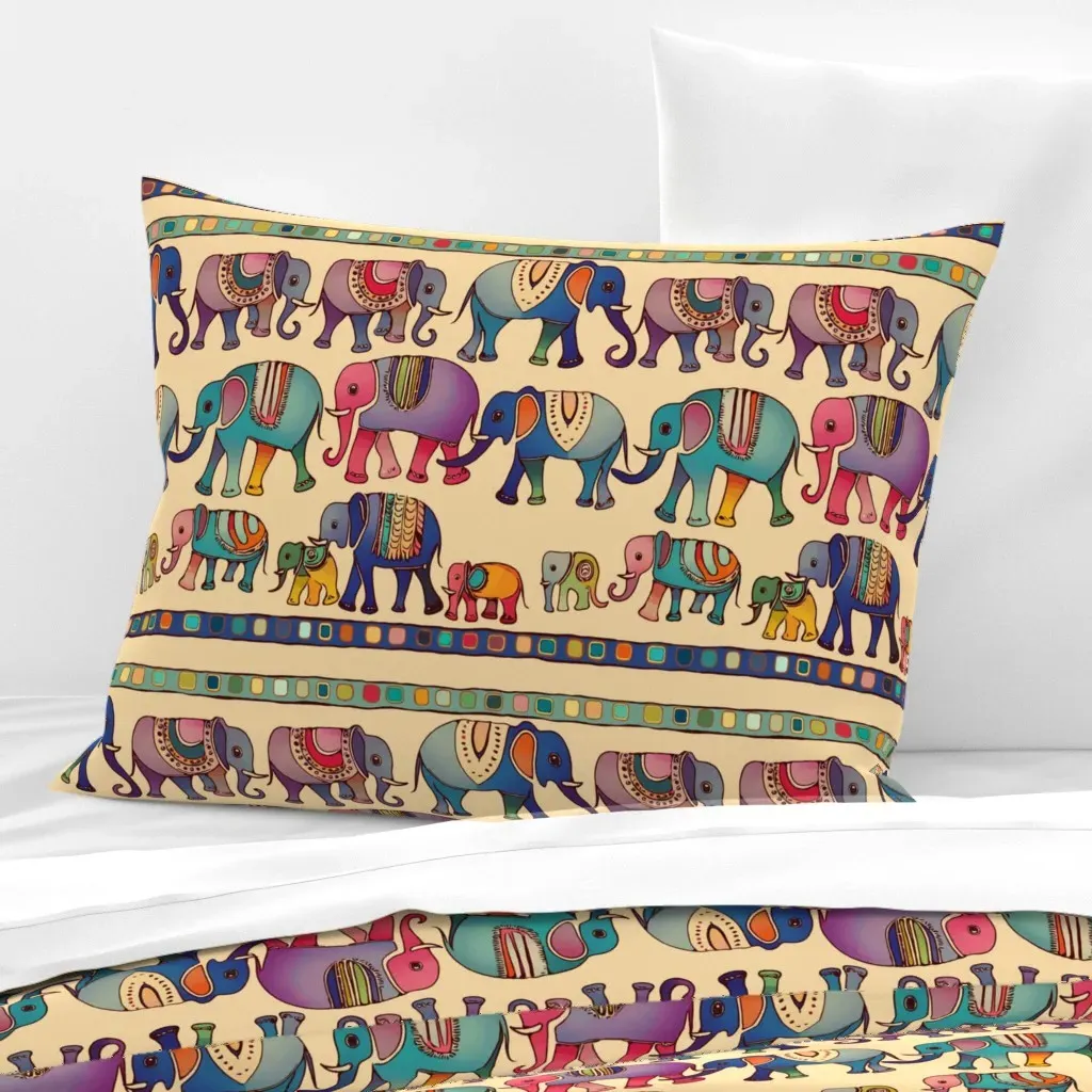 Marching Elephants Standard Knife Edge Cushion Cover - Beige, Cotton Sateen product