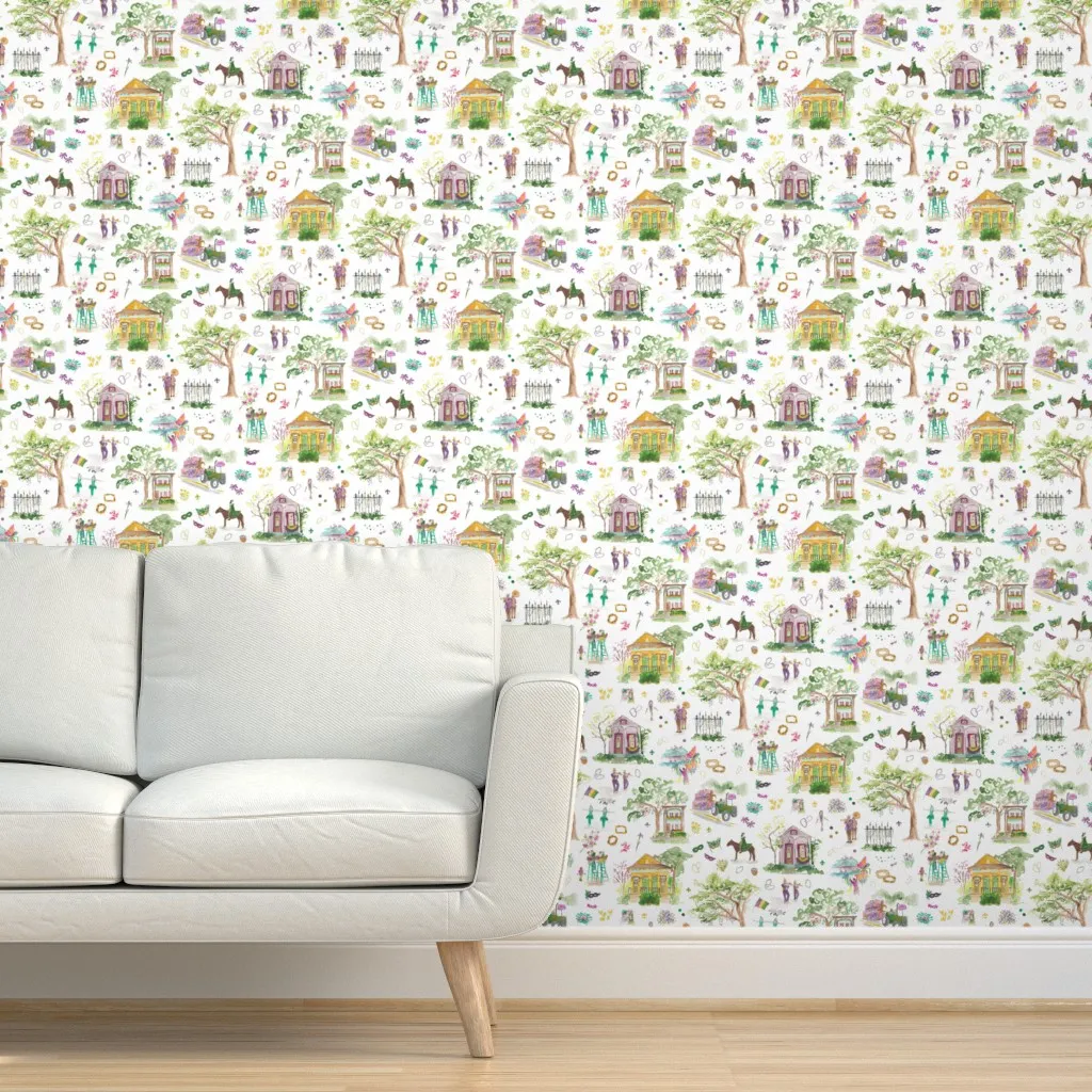 Mardi Gras Parade Route Toile Peel and Stick Wallpaper - Yellow product