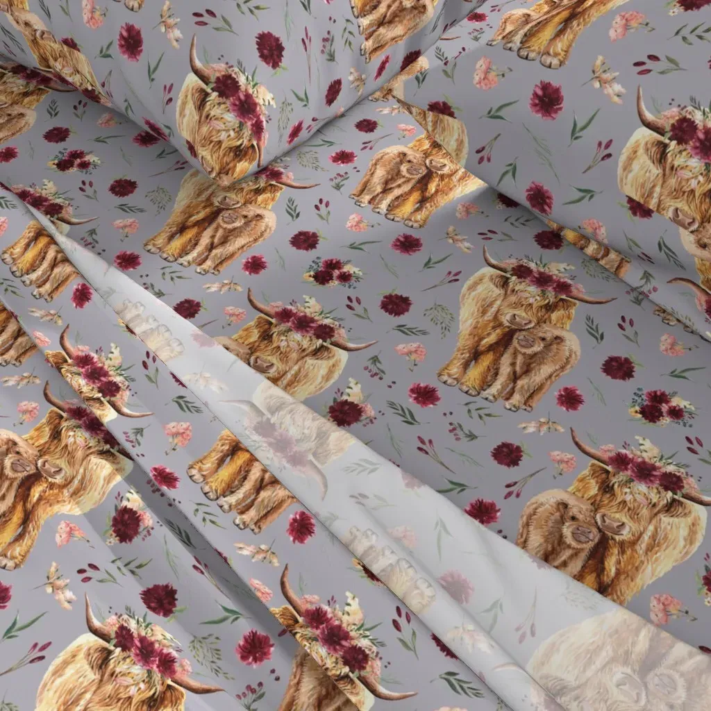 Maroon Floral Highland Cow Twin Sheet Set - Light Brown alternate view