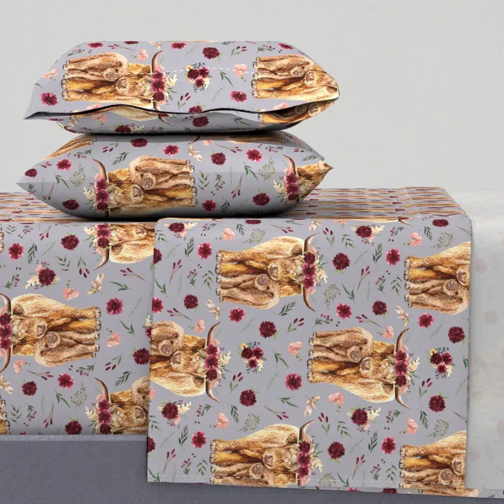 Maroon Floral Highland Cow Twin Sheet Set - Light Brown product