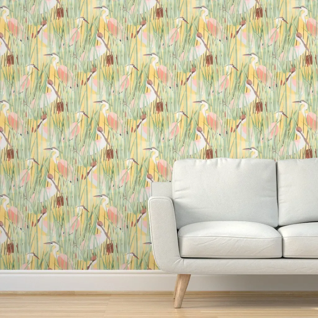 Marsh Birds Peel and Stick Wallpaper - Green, Yellow product