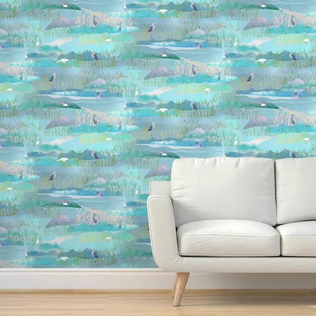 Marsh Scene Heron & Ibis Peel and Stick Wallpaper - Light Blue product