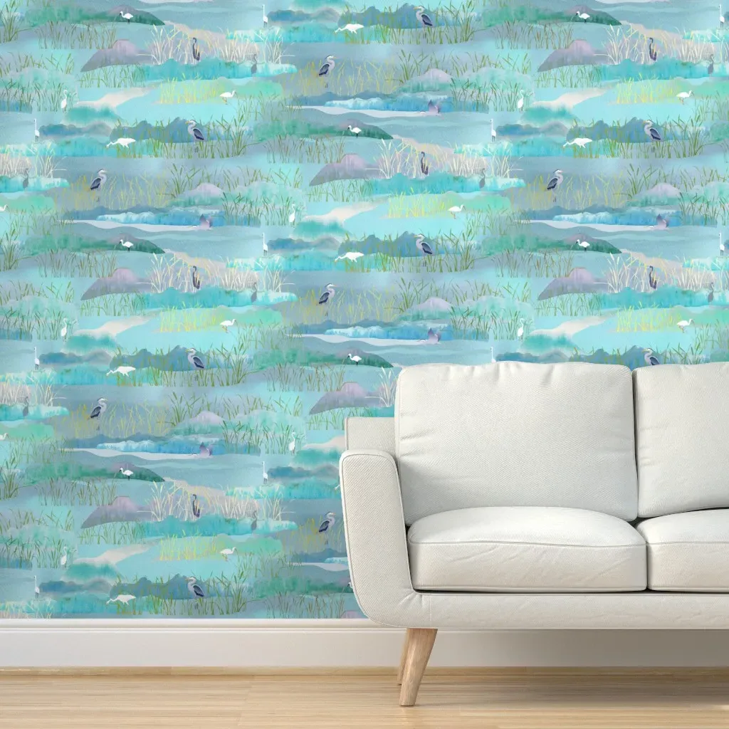 Marsh Scene Peel and Stick Wallpaper - Aqua Blue product
