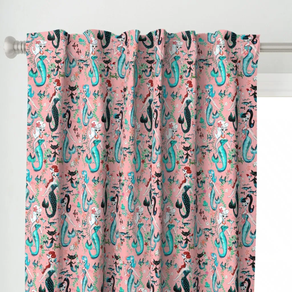Martini Mermaids On Coral Curtain Panel - Teal alternate view