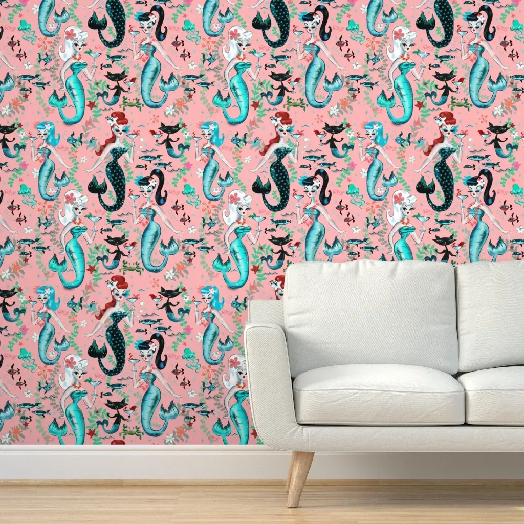 Martini Mermaids On Coral Peel and Stick Wallpaper - Teal product