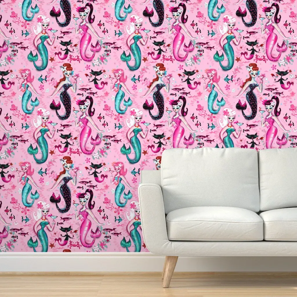 Martini Mermaids Peel and Stick Wallpaper - Pink product