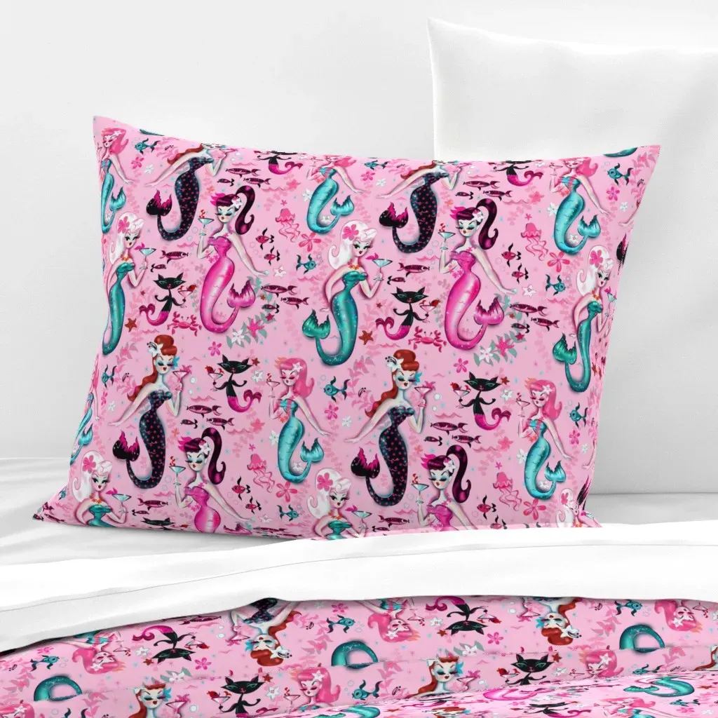 Martini Mermaids Standard Knife Edge Cushion - Pink, Cotton Sateen product