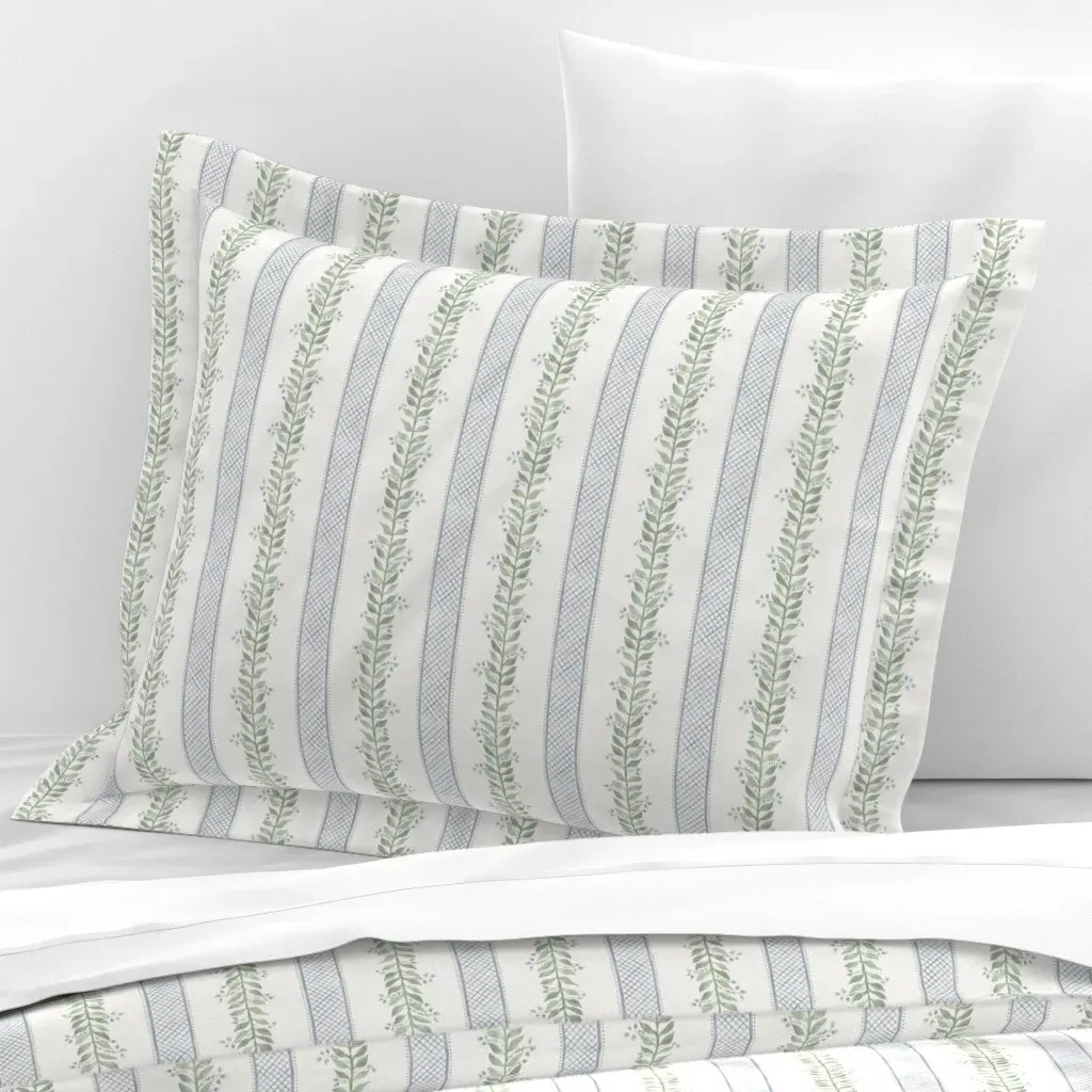 Mary Quiet Blue on Cream Standard Flanged Pillow Sham - Pale Green, Cotton Sateen product
