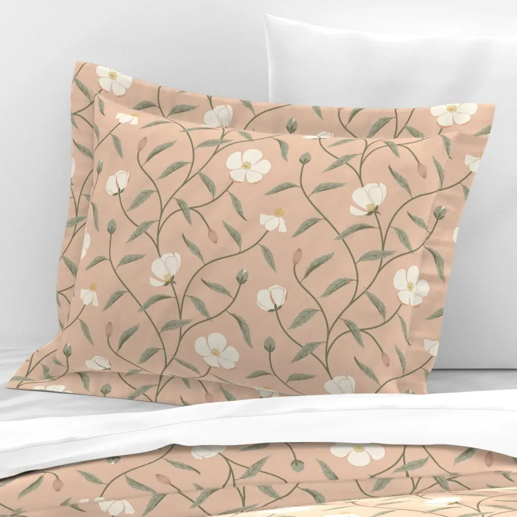 Matilija Poppy Trailing Floral Standard Flanged Pillowcase - Peach, Cotton Sateen product