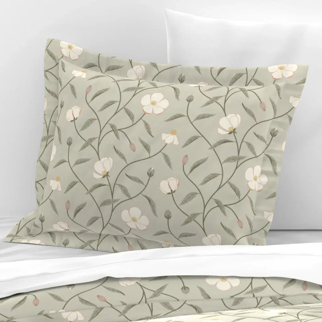 Matilija Poppy Trailing Floral Standard Flanged Pillowcase - Sage, Cotton Sateen product