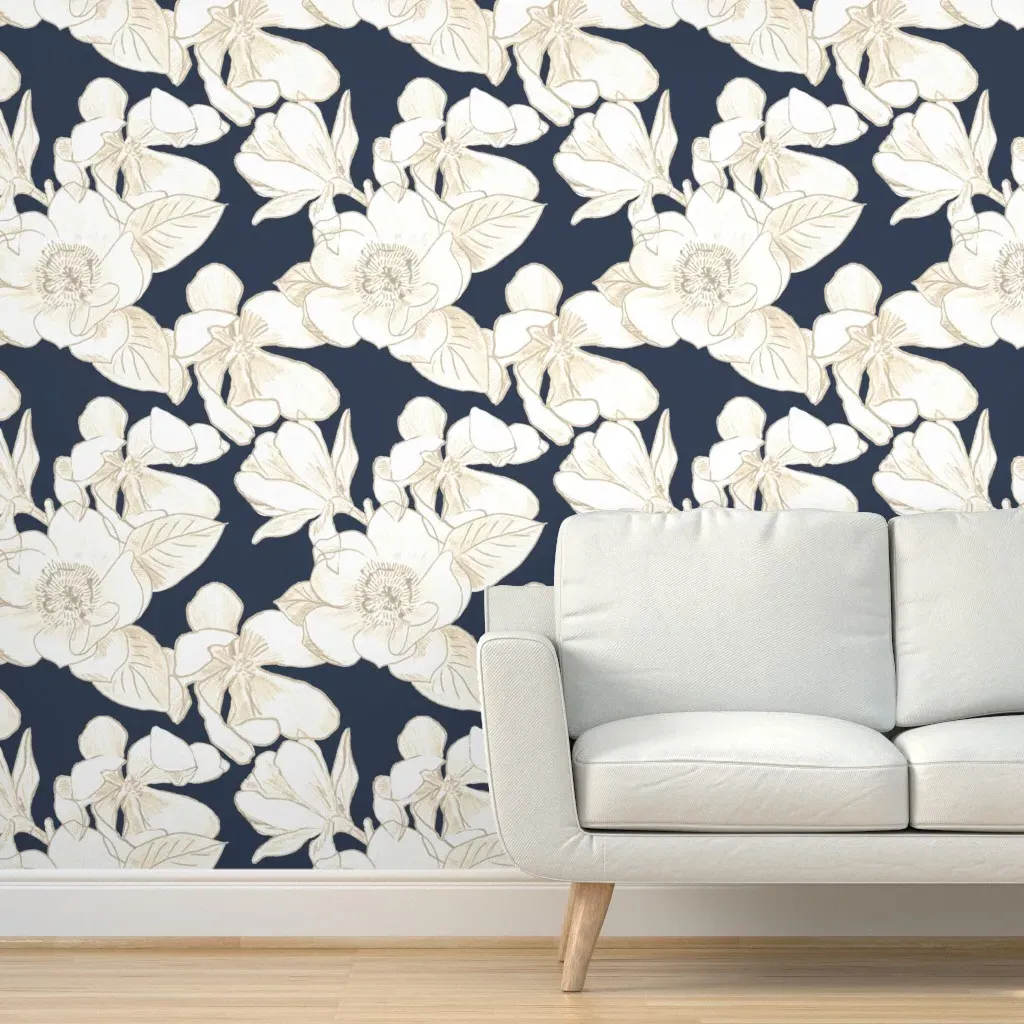 Maxi Magnolia Grandiflora Peel and Stick Wallpaper - Navy, White product