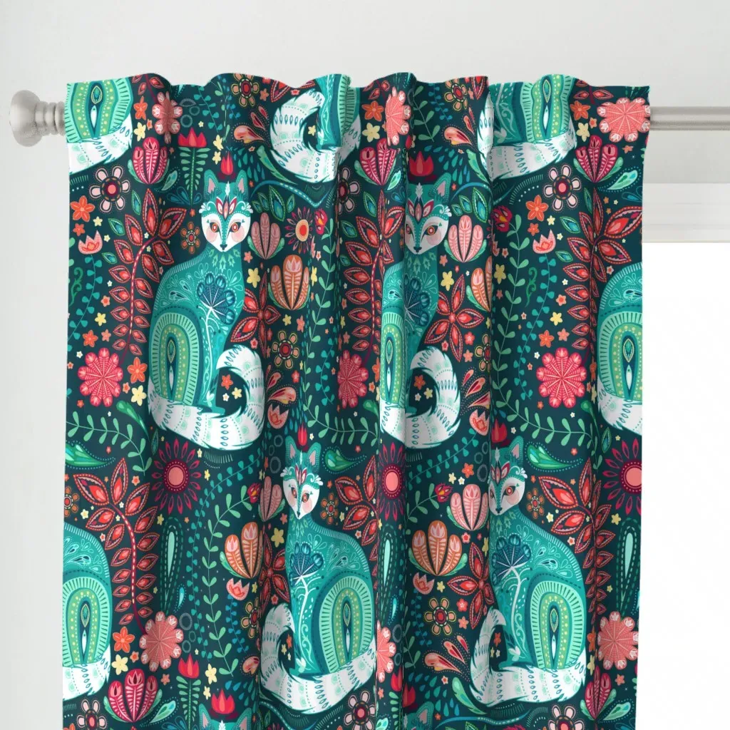 Maximalist Cats Botanical Curtain Panel - Teal alternate view