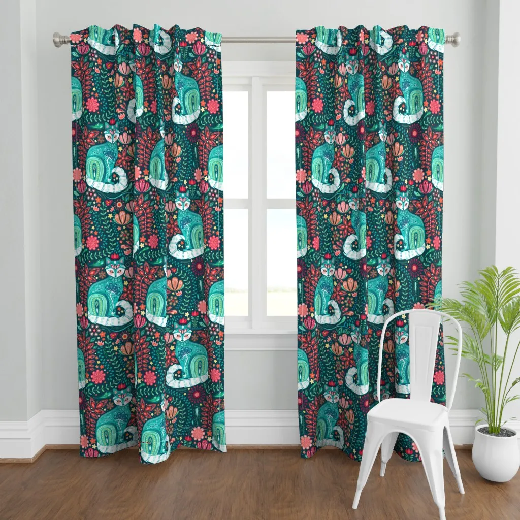Maximalist Cats Botanical Curtain Panel - Teal product