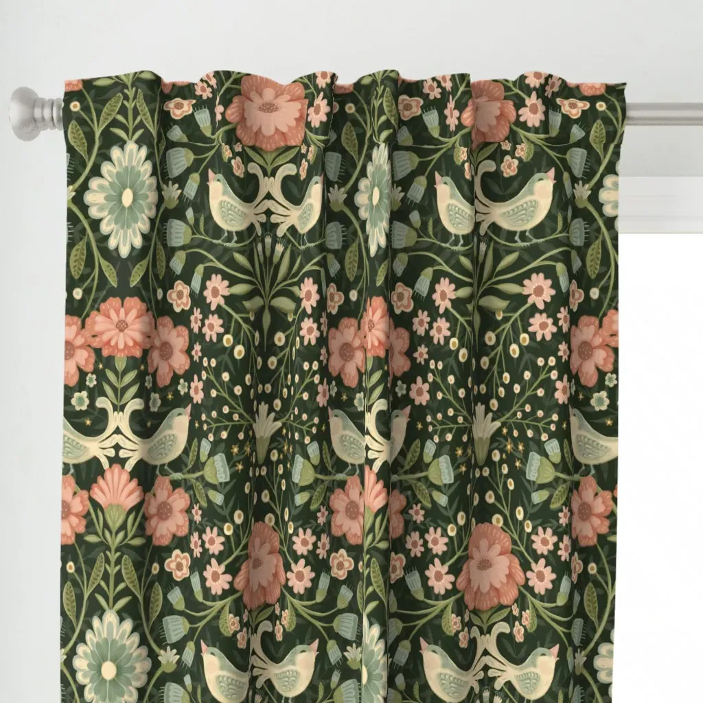 Maximalist Floral Birds Curtain Panel - Dusty Rose alternate view