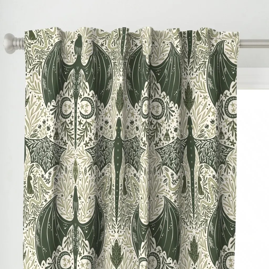 Maximalist Folk Dragons Curtain Panel - Dark Green alternate view