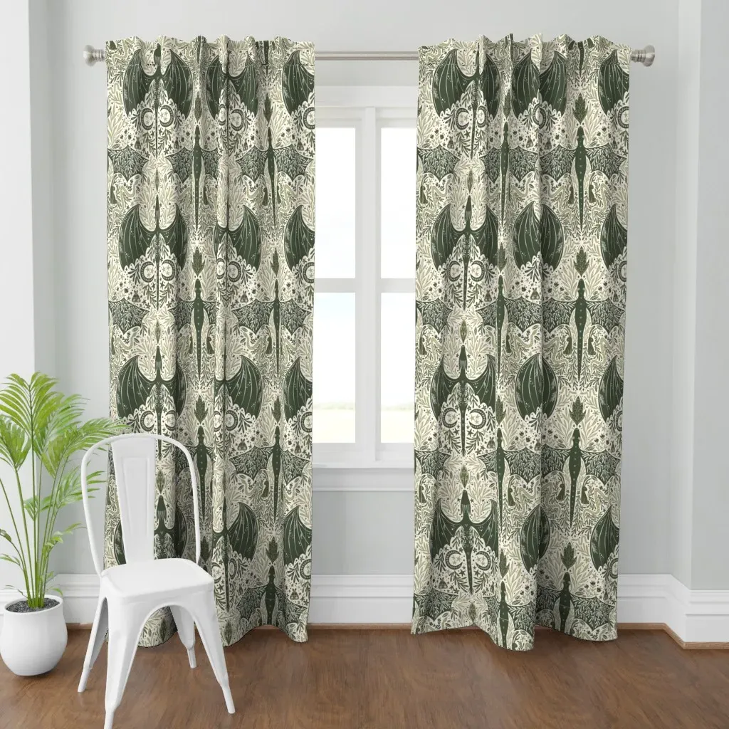 Maximalist Folk Dragons Curtain Panel - Dark Green product