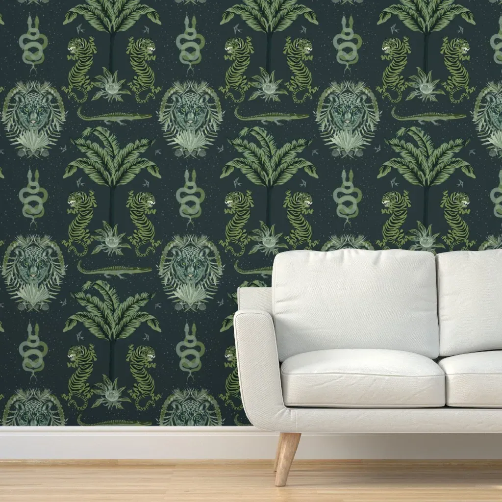 Maximalist Jungle Monochrome Peel and Stick Wallpaper - Dark Emerald product