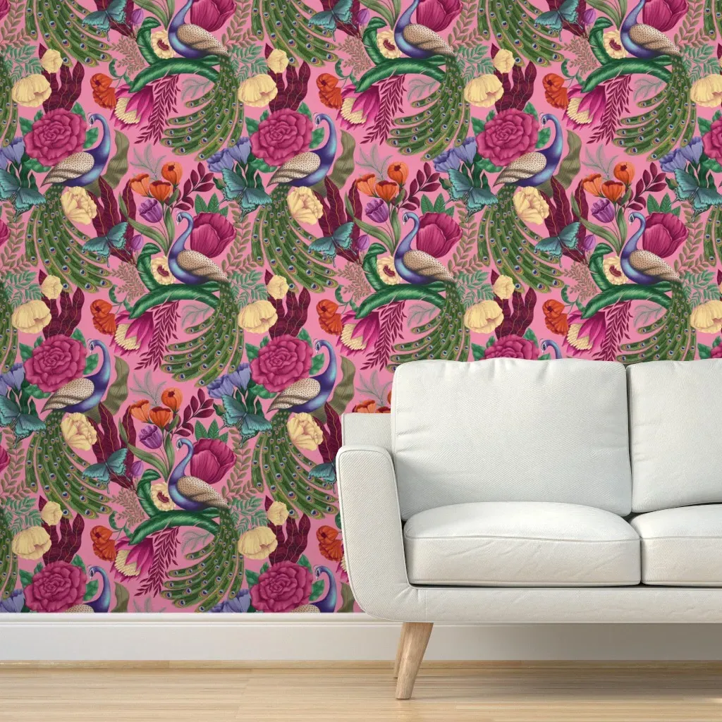 Maximalist Peacock Fantasy Garden Peel and Stick Wallpaper - Pink product