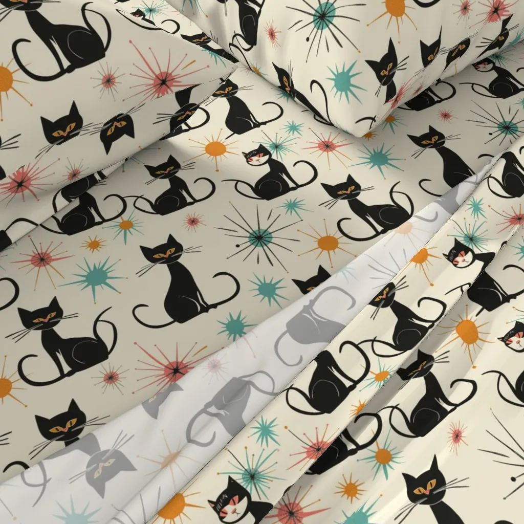 MCM Atomic Starburst Retro Kitty Cats Queen Sheet Set - Black alternate view