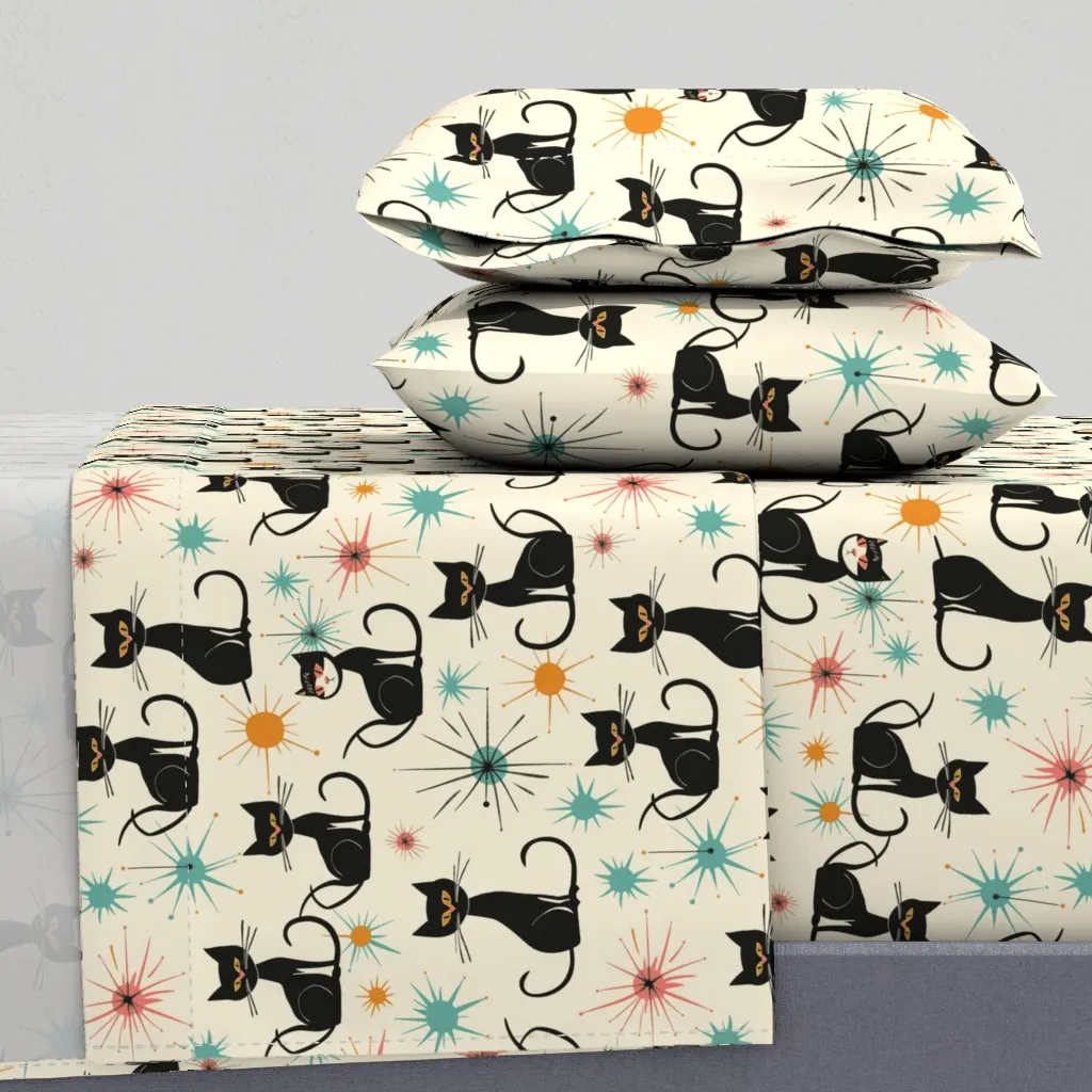 MCM Atomic Starburst Retro Kitty Cats Queen Sheet Set - Black product