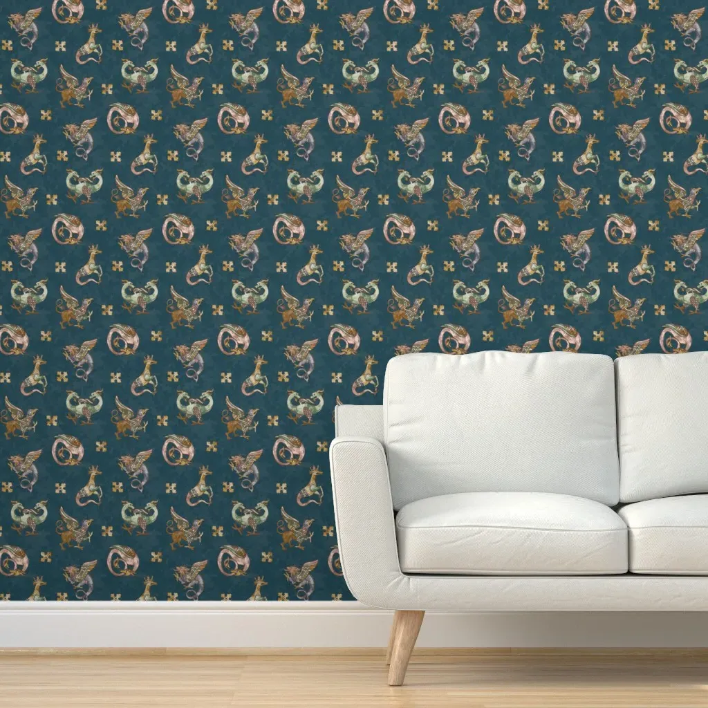 Medieval Beasts Tapestry Peel and Stick Wallpaper - Teal product
