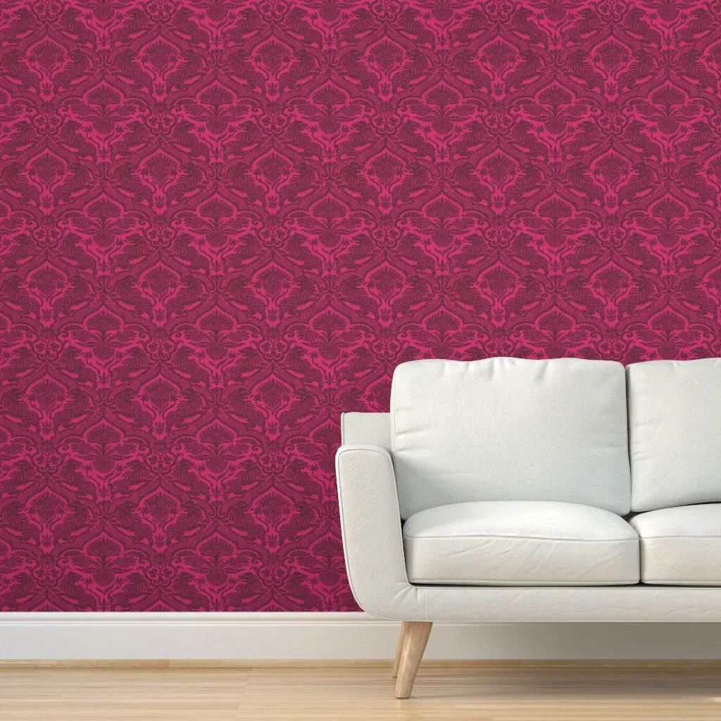 Medieval Lions Damask Peel and Stick Wallpaper - Burgundy product