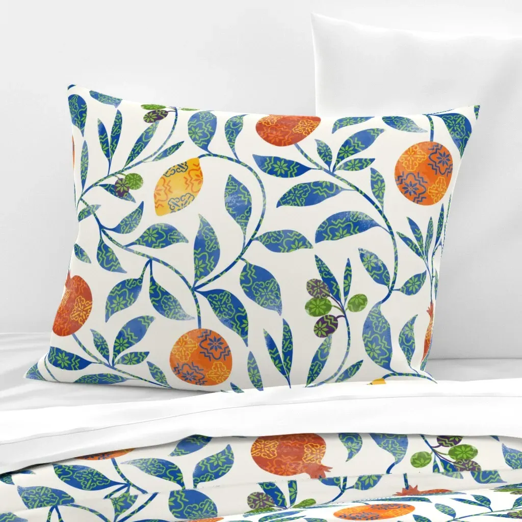 Mediterranean Fruit Tiles Standard Knife Edge Cushion - Blue, Cotton Sateen product