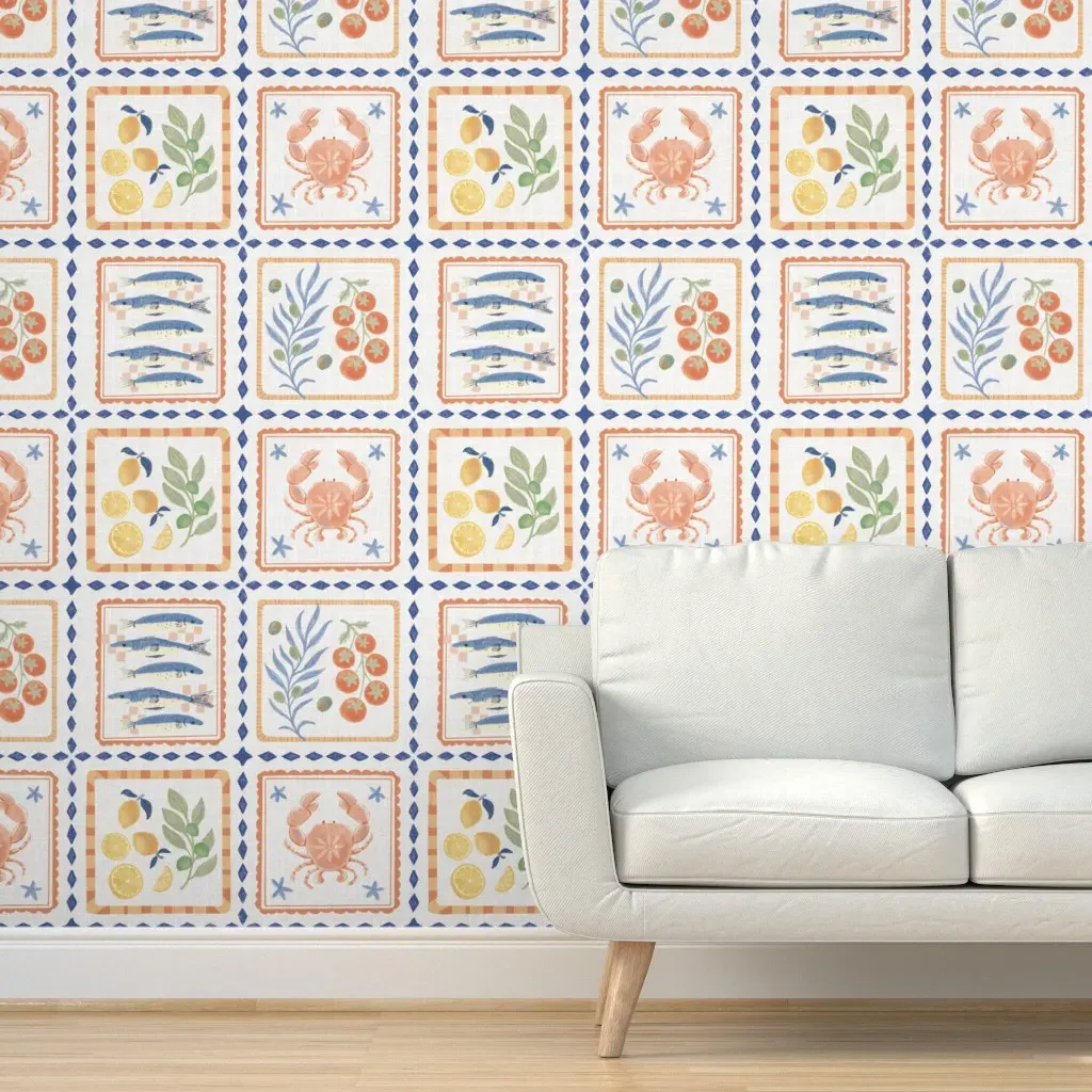 Mediterranean Summer Hand Painted Tile Peel and Stick Wallpaper - Blue product